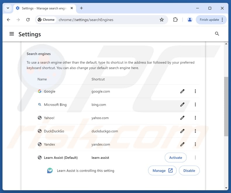 Rimozione di learnassistsearch.com dal motore di ricerca predefinito di Google Chrome