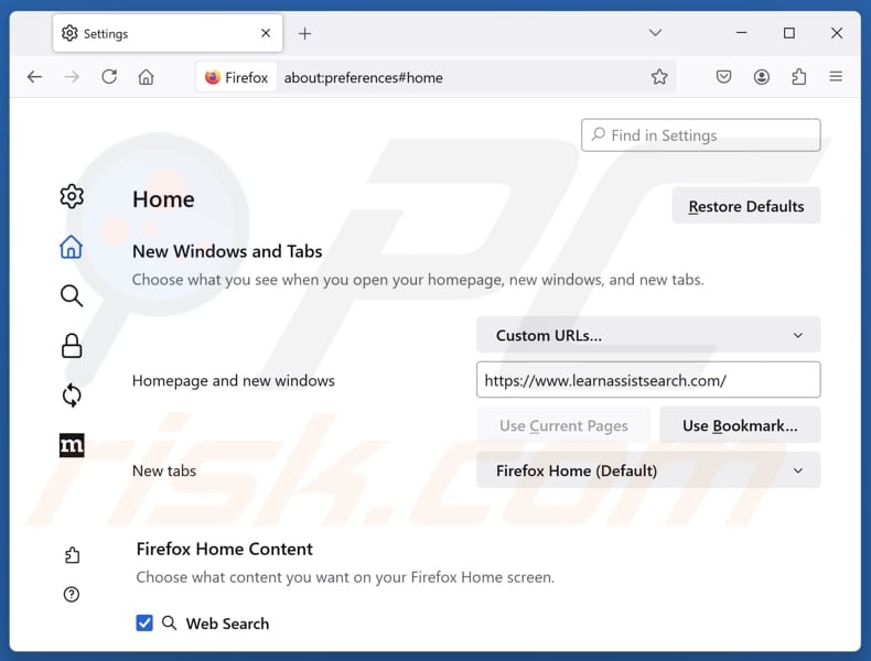 Rimozione di learnassistsearch.com dalla pagina iniziale di Mozilla Firefox