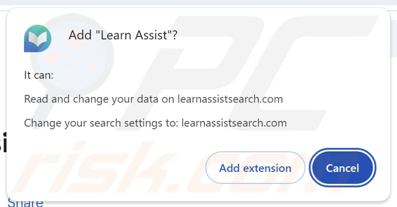 Learn Assist browser hijacker richiesta di autorizzazioni