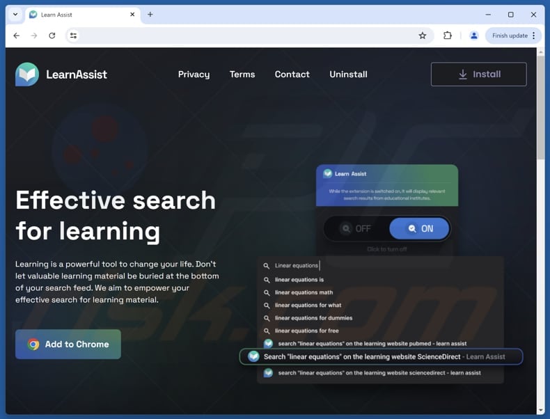 Sito web utilizzato per promuovere il browser hijacker Learn Assist