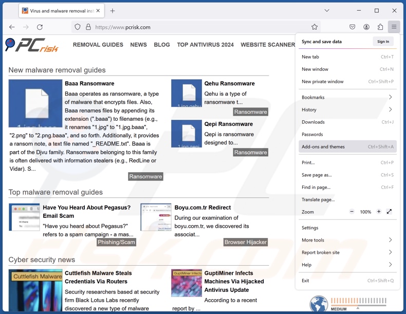 Rimozione delle estensioni dannose da Mozilla Firefox passo 1