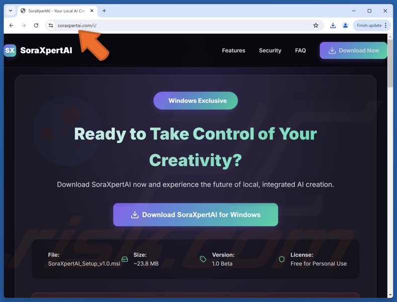 Sito web utilizzato per promuovere LogMeIn (sotto le spoglie di una variante di Sora)