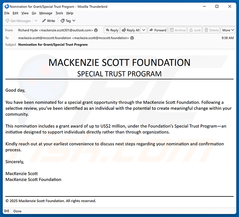 Truffa via e-mail della Mackenzie Scott Foundation (2025-11-14)