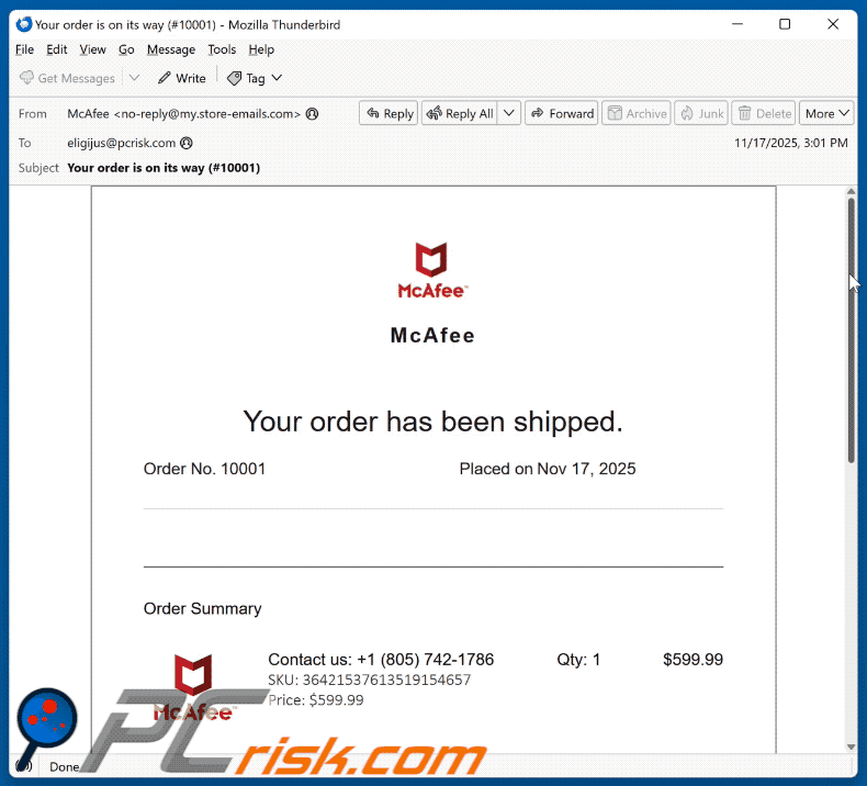 McAfee - Your Order Has Been Shipped aspetto delle e-mail truffaldine (GIF)