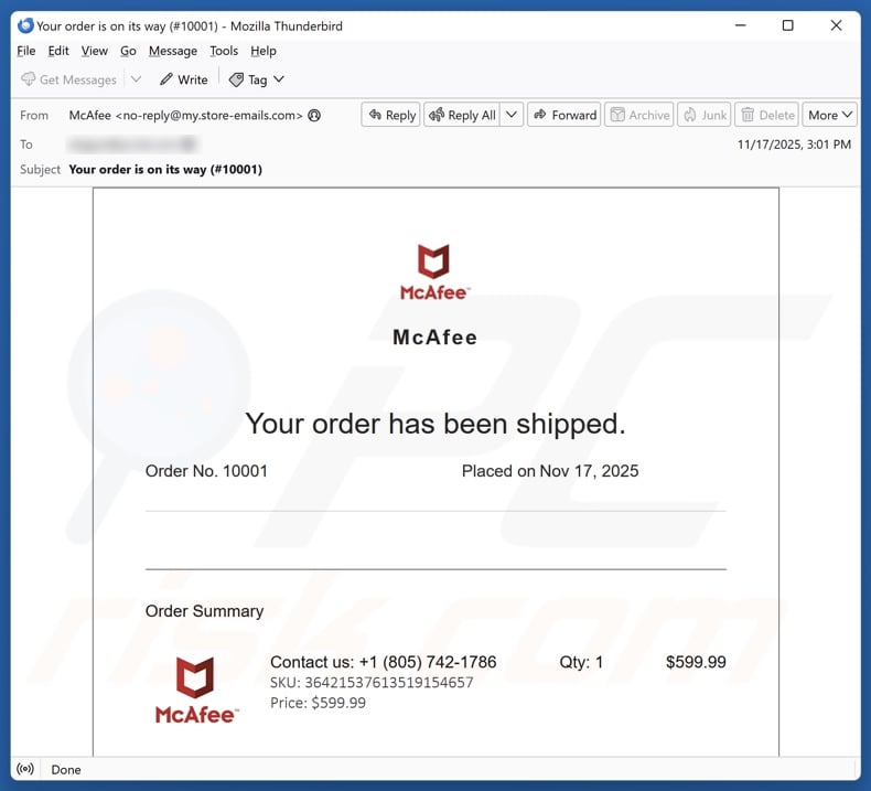McAfee - Your Order Has Been Shipped campagna di spam via e-mail