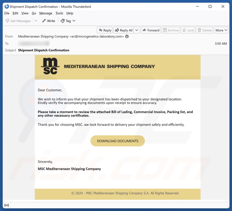 Mediterranean Shipping Company campagna di spam via e-mail