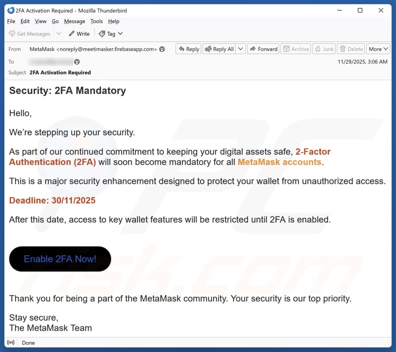 MetaMask 2FA Activation campagna di spam via e-mail