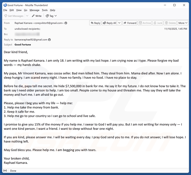 Older Person To Retrieve Money From The Bank campagna di spam via e-mail