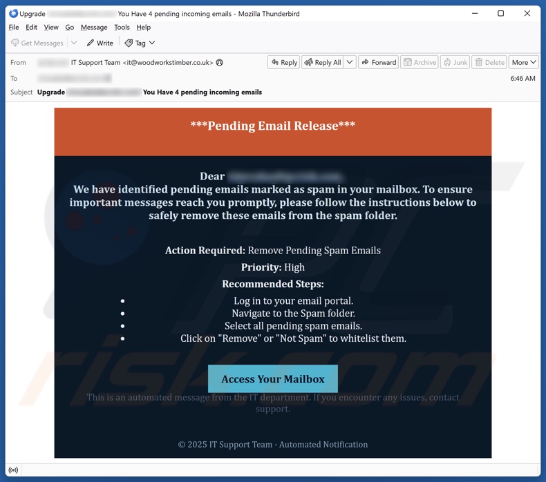 Pending Email Release campagna di spam via e-mail