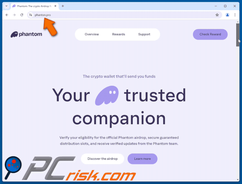 Aspetto del sito web falso Phantom Airdrop (GIF)