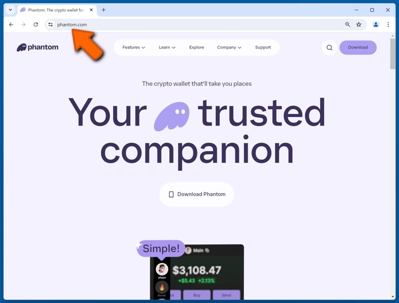 Aspetto del sito web ufficiale di Phantom (phantom.com)