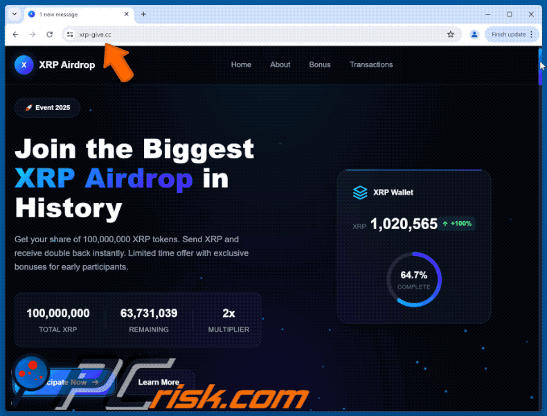 Apparizione del sito web falso Ripple (XRP) Airdrop (GIF)