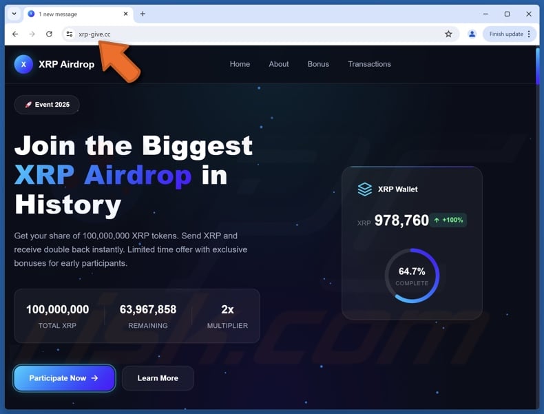 Sito web falso dedicato all'airdrop di Ripple (XRP)