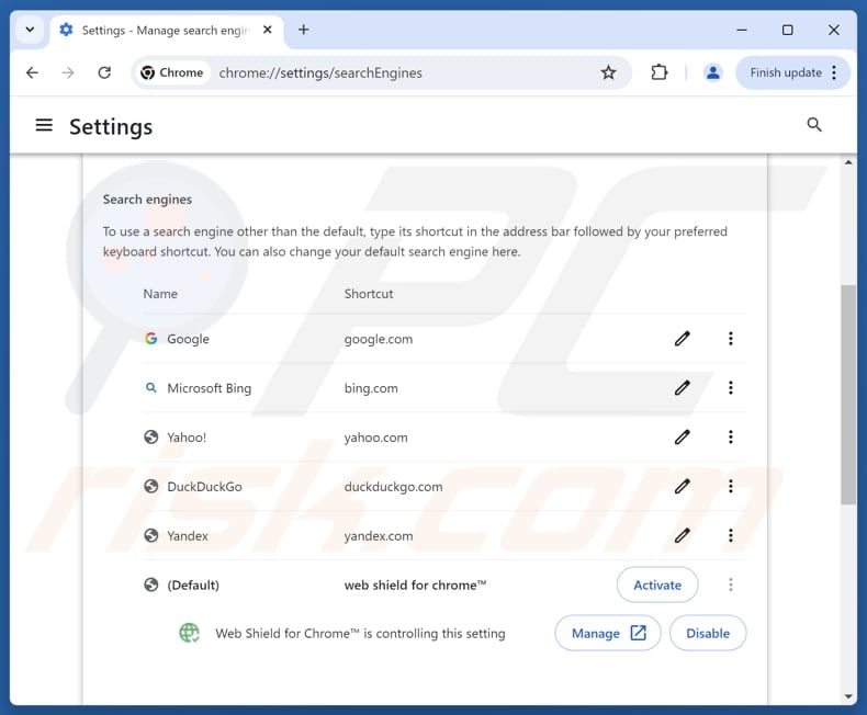 Rimozione di service.webshieldhub.com dal motore di ricerca predefinito di Google Chrome