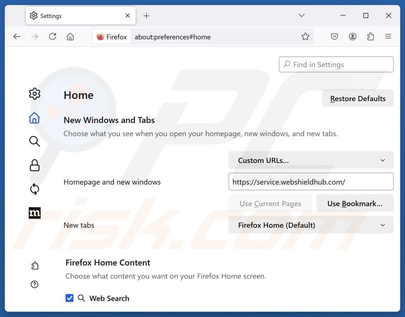 Rimozione di service.webshieldhub.com dalla pagina iniziale di Mozilla Firefox