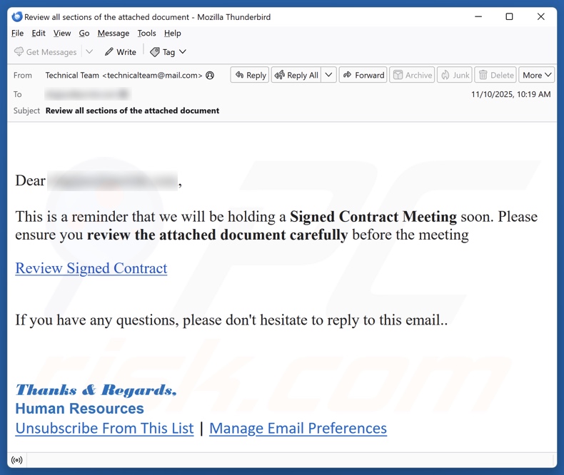 Signed Contract Meeting campagna di spam via e-mail