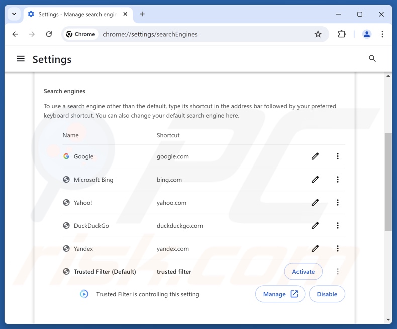 Rimozione di trustedfiltersearch.com dal motore di ricerca predefinito di Google Chrome