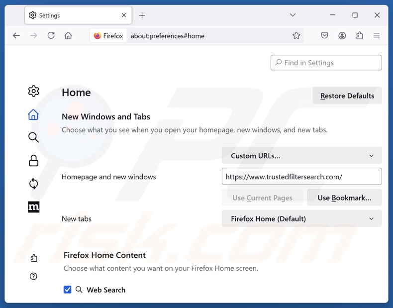 Rimozione di trustedfiltersearch.com dalla pagina iniziale di Mozilla Firefox