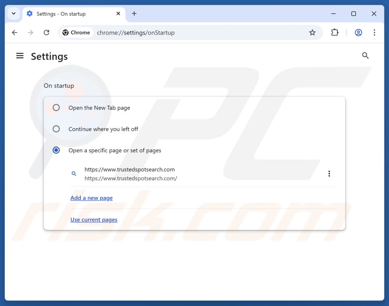 Rimozione di trustedspotsearch.com dalla home page di Google Chrome