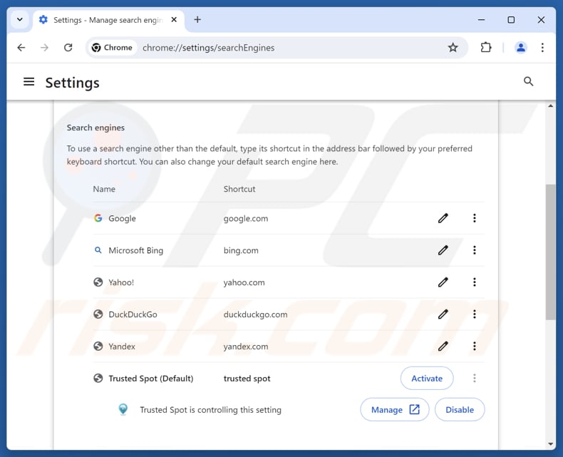 Rimozione di trustedspotsearch.com dal motore di ricerca predefinito di Google Chrome