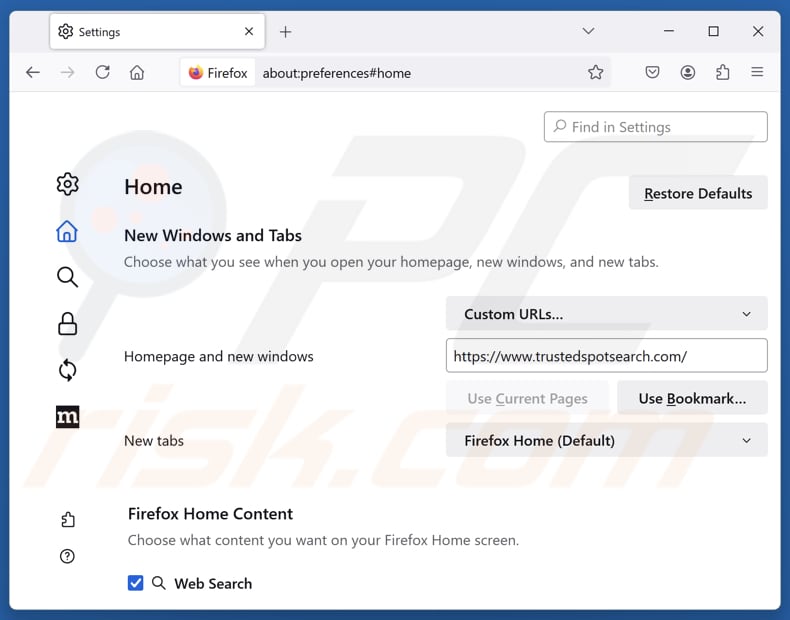 Rimozione di trustedspotsearch.com dalla pagina iniziale di Mozilla Firefox