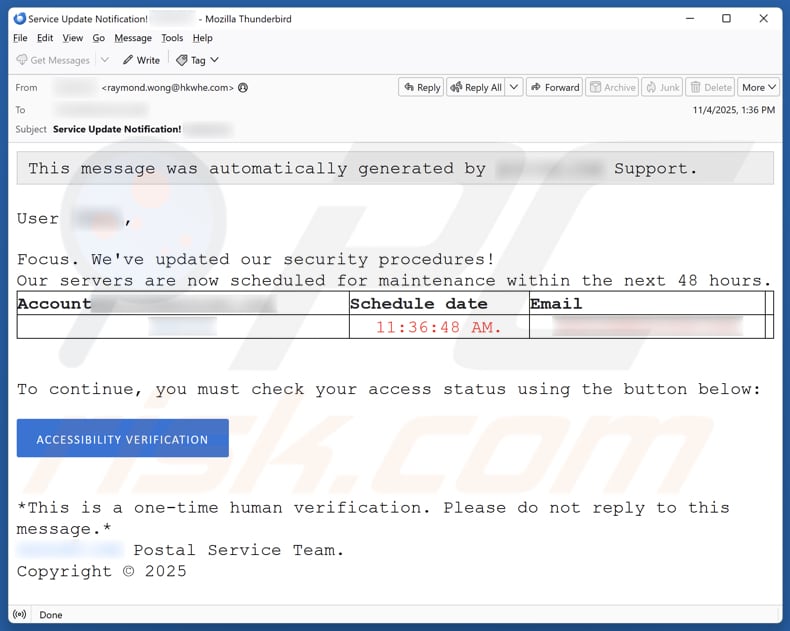 Email Account Failure Notice campagna di spam via e-mail