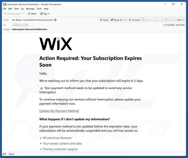 Wix Subscription Expiration campagna di spam via e-mail