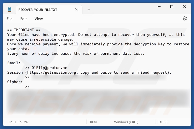 01Flip ransomware richiesta di riscatto (RECOVER-YOUR-FILE.TXT)