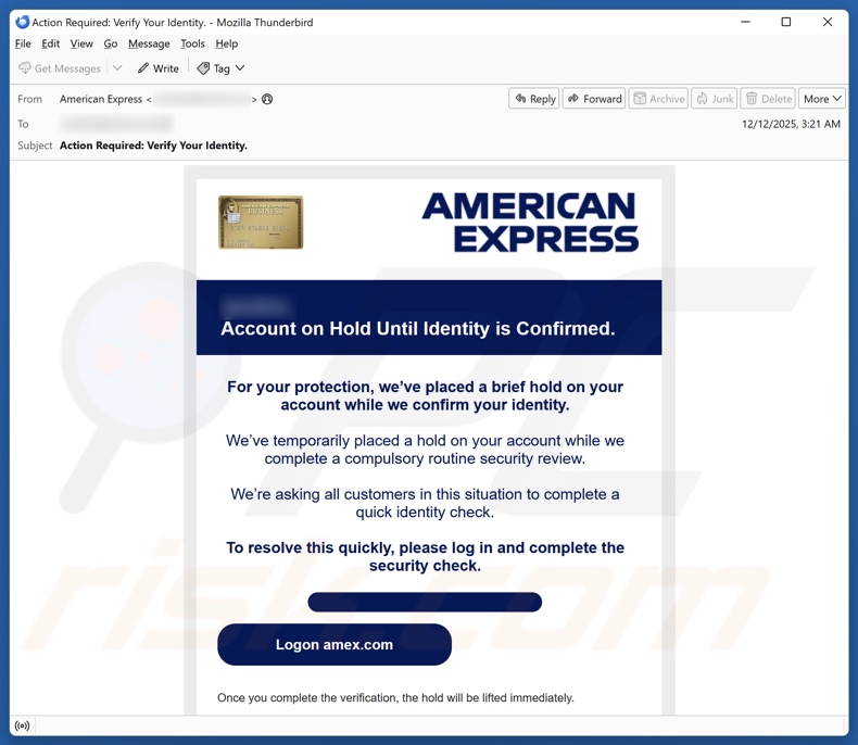American Express - Account On Hold campagna di spam via e-mail
