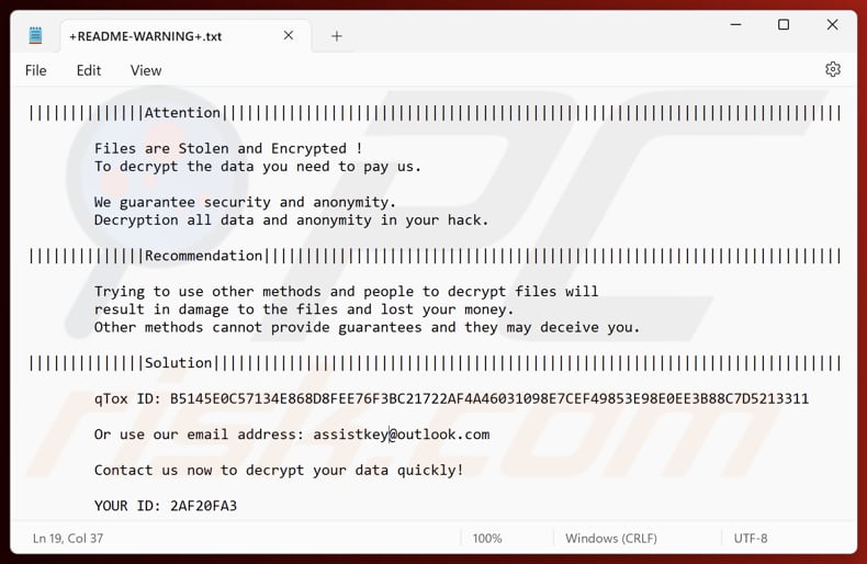 File di testo del ransomware Asylum (+README-WARNING+.txt)