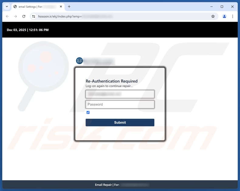 Authenticate Your Email Address Pagina di phishing fraudolenta