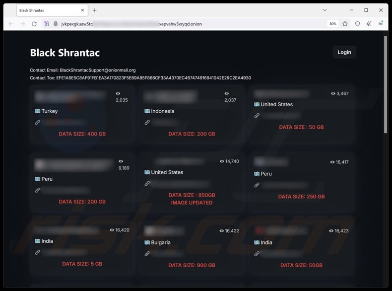Black Shrantac ransomware sito web che divulga dati
