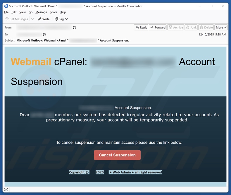 cPanel Account Suspension campagna di spam via e-mail
