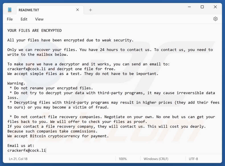 Cracker (Beast) ransomware richiesta di riscatto (README.TXT)