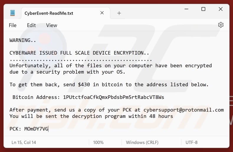 File di testo del ransomware Cyberware (CyberEvent-ReadMe.txt)