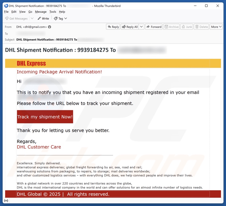 DHL Express - Incoming Package Arrival Notification campagna di spam via e-mail
