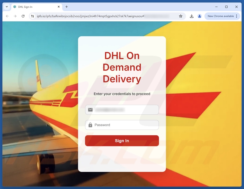 DHL Express - Incoming Package Arrival Notification e-mail truffaldina che promuoveva un sito di phishing