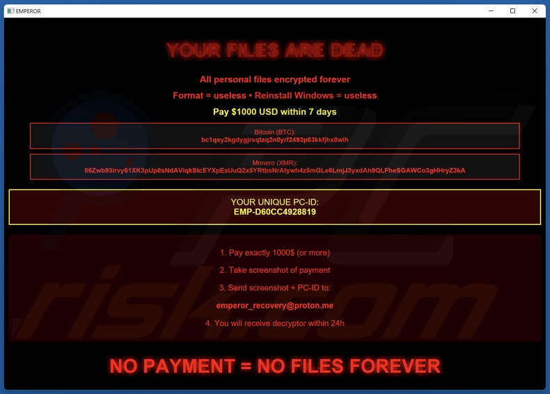 Emperor ransomware richiesta di riscatto (pop-up)