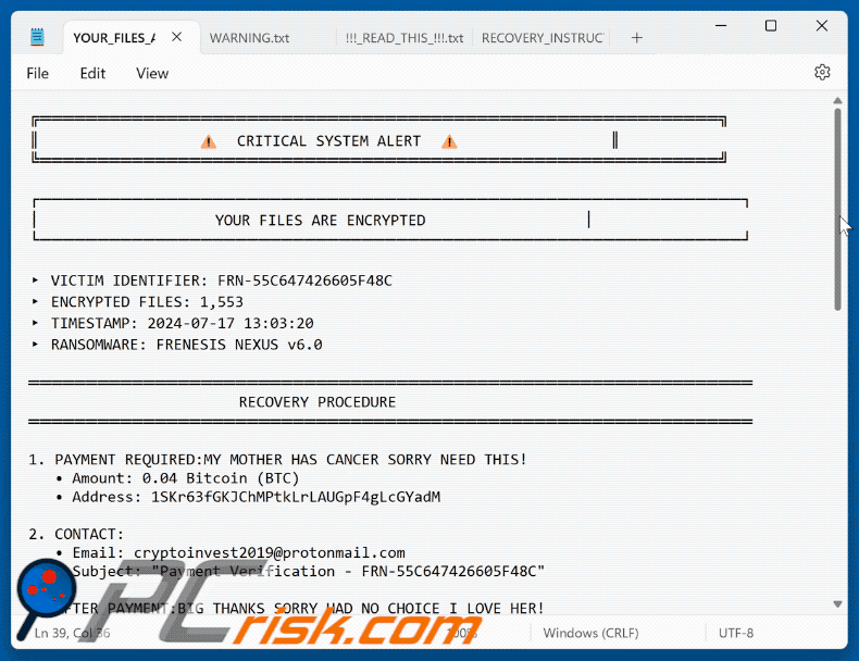 Frenesis Nexus Ransomware richiesta di riscatto (YOUR_FILES_ARE_ENCRYPTED.txt)