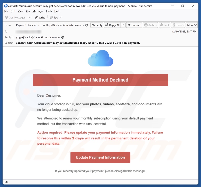 iCloud Payment Method Declined campagna di spam via e-mail