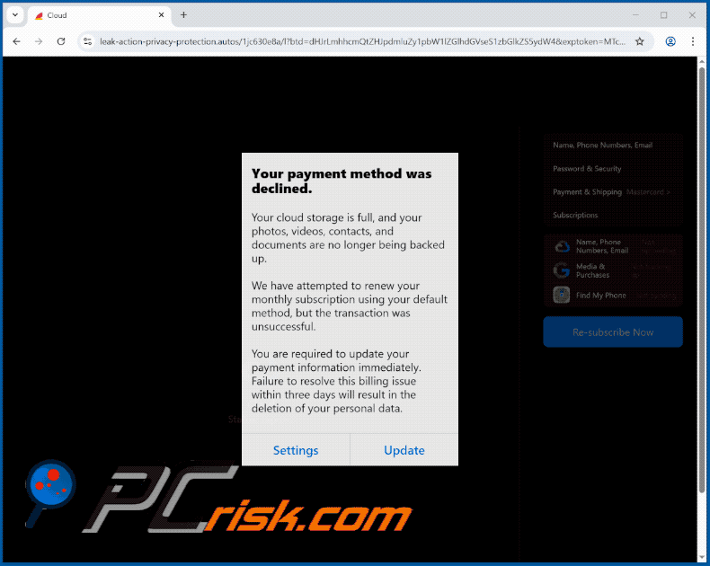 iCloud Payment Method Declined sito promosso tramite email truffaldina (GIF)