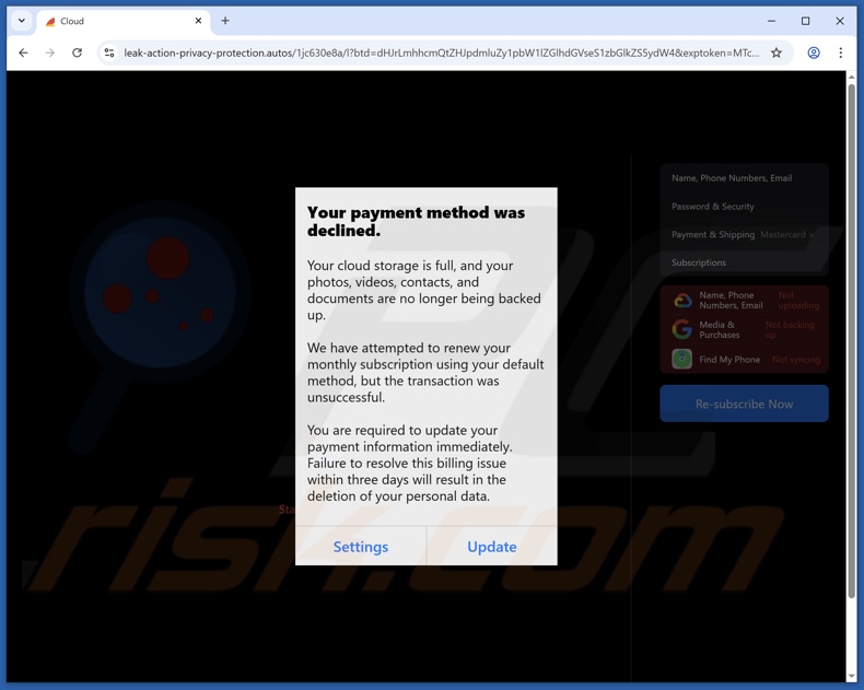 iCloud Payment Method Declined e-mail truffaldina che promuoveva un sito di phishing