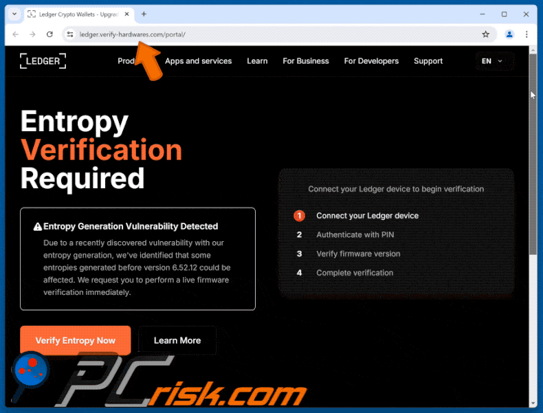Ledger - Critical Security Vulnerability truffa via e-mail aspetto del sito web falso