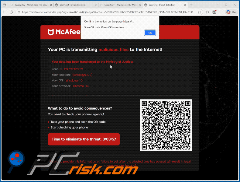 Aspetto della truffa McAfee - Il tuo PC sta trasmettendo file dannosi