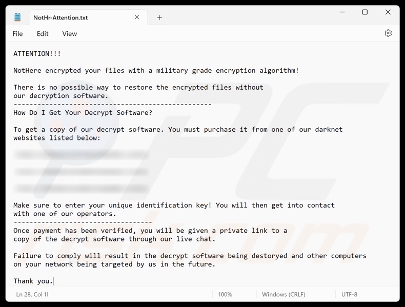 NotHere ransomware richiesta di riscatto (NotHr-Attention.txt)