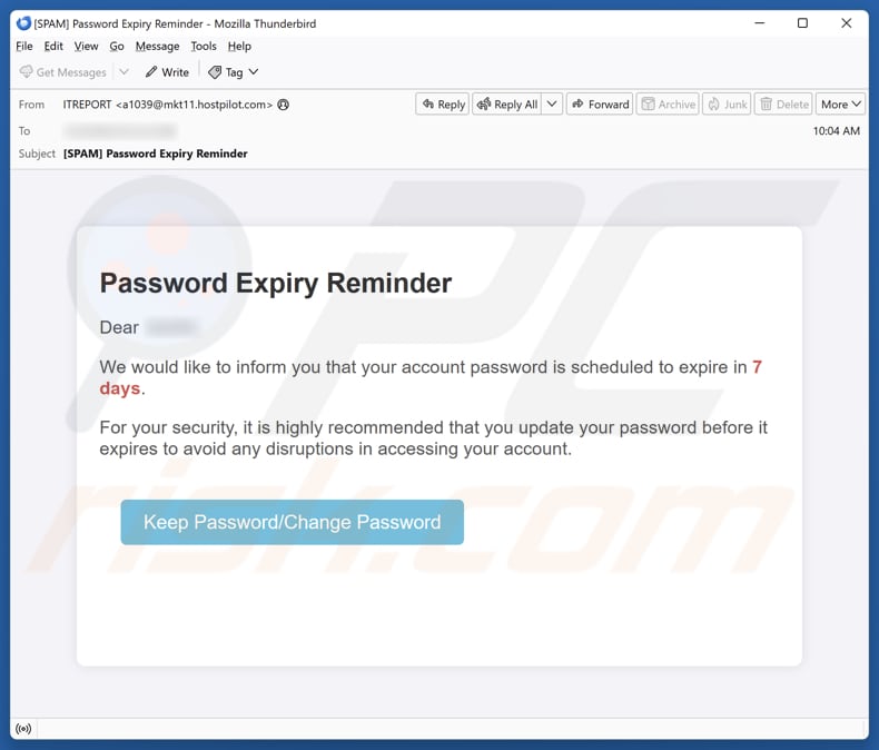Password Expiry Reminder campagna di spam via e-mail