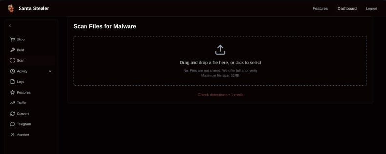 Pannello di amministrazione del malware SantaStealer