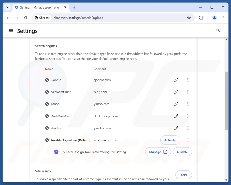 Rimozione di search.ansiblealgorithm.com dal motore di ricerca predefinito di Google Chrome