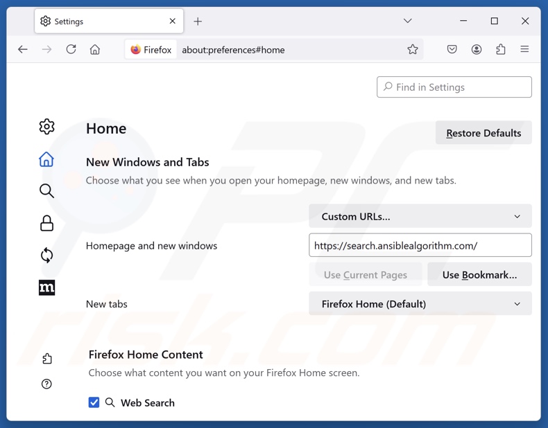 Rimozione di search.ansiblealgorithm.com dalla pagina iniziale di Mozilla Firefox