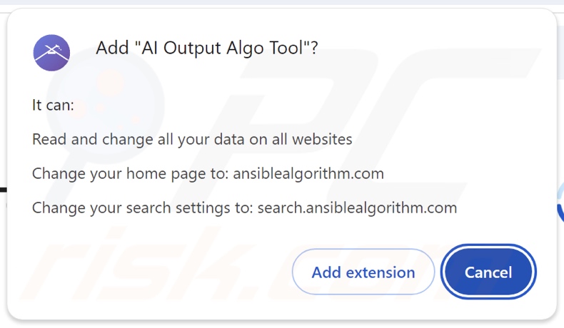 Browser hijacker AI Output Algo Tool che richiede autorizzazioni